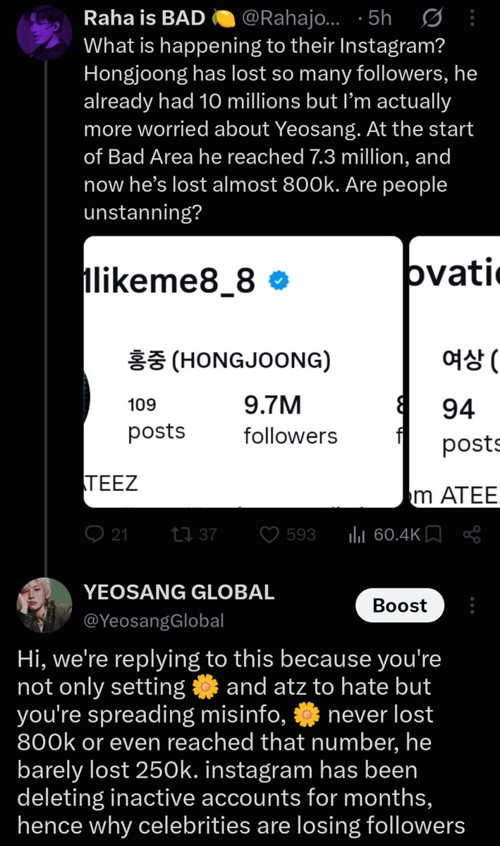 YeosangGlobal's tweet photo. 🚨‼️[URGENT] REPORT‼️🚨

This person is a 🌼 anti and is spreading dangerous misinfo and lies about him that could lead him and atz to get dragged, and is refusing to take it down. it's easy to report them since they're currently using bots to boost their tweet so please report them as:

-spam
-impersonation
-hate and harassment 

account: https://t.co/5mwlBfb3Eb
tweet:https://t.co/Q7Rgxitknq