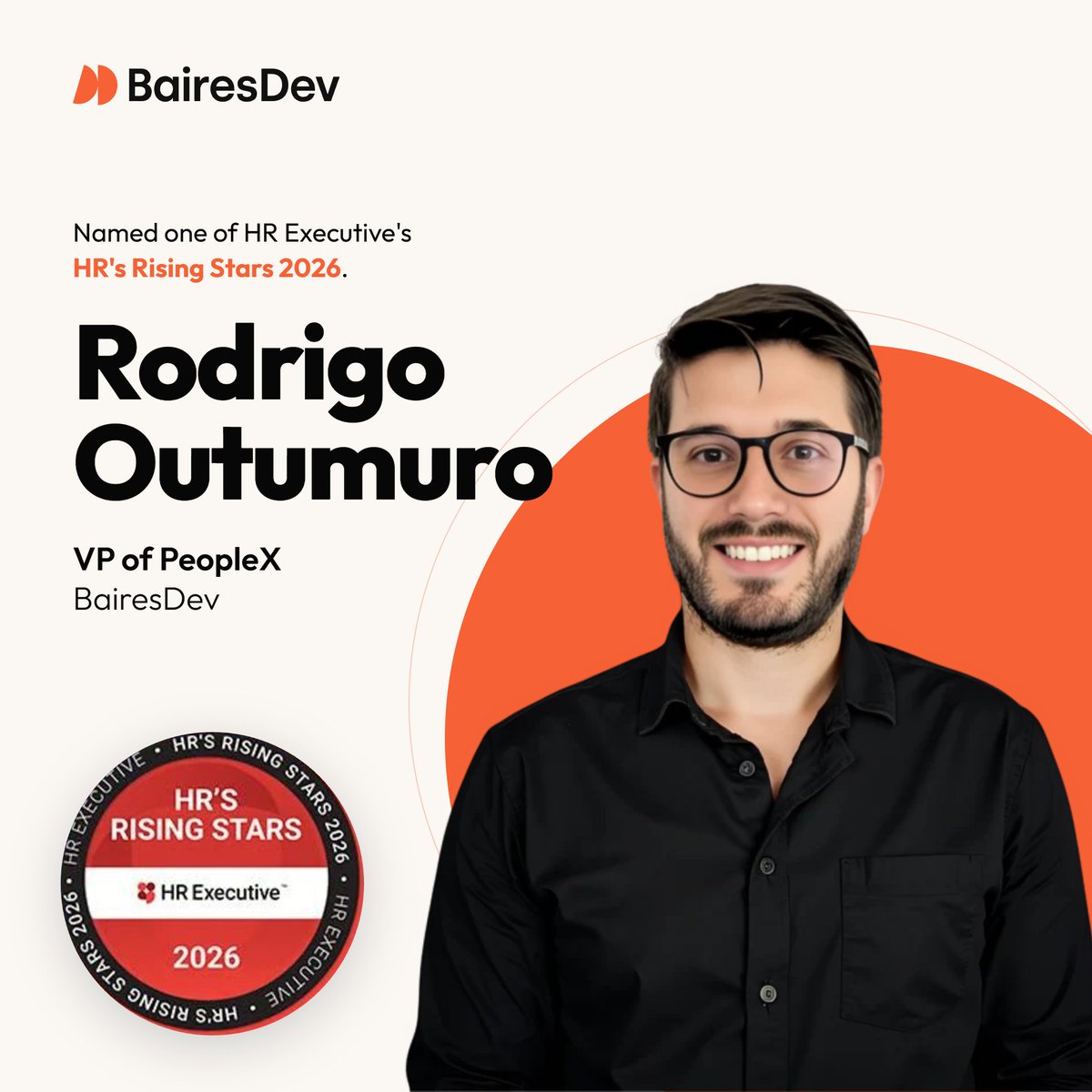 bairesdev's tweet photo. Rodrigo Outumuro, our Vice President of People Experience (PeopleX), has been named one of HR Executive's HR's Rising Stars 2026.

This year, nominations were judged with a new emphasis on showing impact through data. Rodrigo joins leaders from Deel and UPS in this year's class. https://t.co/o4b0onYCir