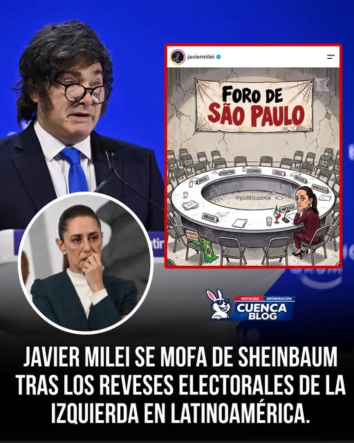 jose_anbriz's tweet photo. El economista y presidente de Argentina, Javier Milei, se burló de Claudia Sheinbaum con una caricatura en la que aparece completamente sola en lo que alguna vez fue el famoso Foro de São Paulo, en medio de los reveses electorales que ha sufrido la izquierda en Latinoamérica.
Y es que el famoso Foro de São Paulo, que durante décadas reunió a las izquierdas socialistas de LATAM, hoy enfrenta un panorama político muy distinto. 
Y si Lula termina perdiendo en Brasil, el golpe para la izquierda sería todavía mayor, dejando a Sheinbaum cada vez más aislada ideológicamente.
La derecha en Latinoamérica ha venido avanzando, en buena medida por el hartazgo de sectores de la población ante el fracaso de las políticas públicas de gobiernos de izquierda y los cuestionamientos por sus alianzas y tolerancia frente al crimen organizado.
Si Bolsonaro gana en Brasil, prácticamente México quedaría rodeado de gobiernos afines ideológicamente al trumpismo y a las ideas de libertad económica, lo que podría complicar las aspiraciones de Morena de eternizarse en el poder.
¡Se celebra!