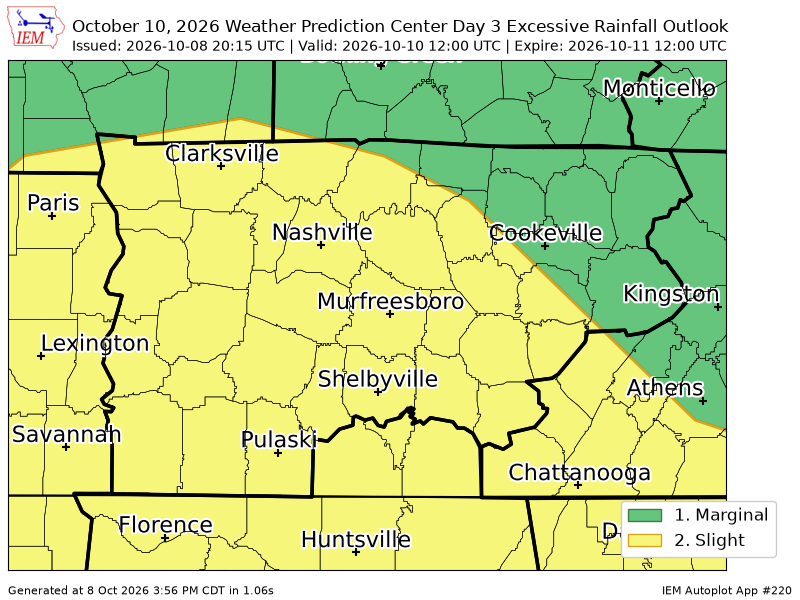 iembot_ohx's tweet photo. WPC issues Day 3 Slight Risk Excessive Rainfall Outlook at Oct 8, 20:15z for OHX https://t.co/iq3xQZMvkG https://t.co/peLbwHixk4