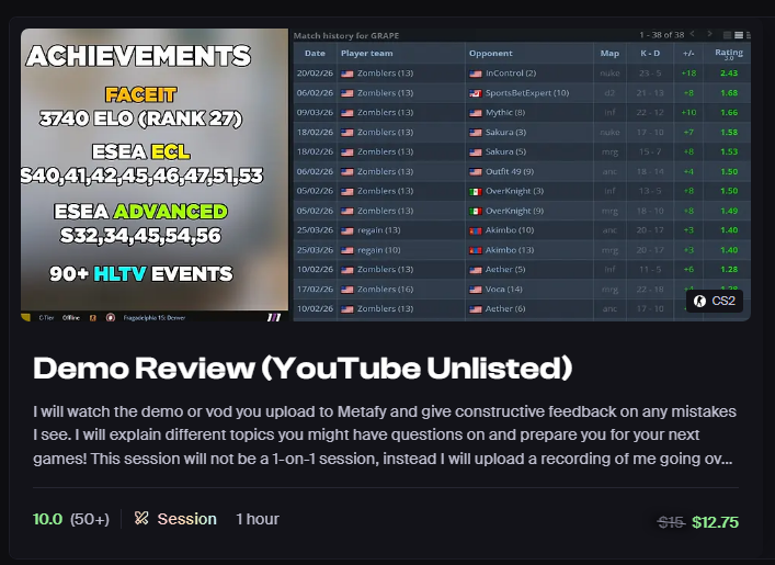 GRAPEcs2's tweet photo. Looking to improve at CS2? 👀
For anyone interested, I offer coaching on Metafy!
Right now, I'm running a pretty big sale, so if you've ever wanted to get your demos reviewed, now would be a great time! 🙏
https://t.co/CEZPv3yUM2 https://t.co/CpJ2uXnygU