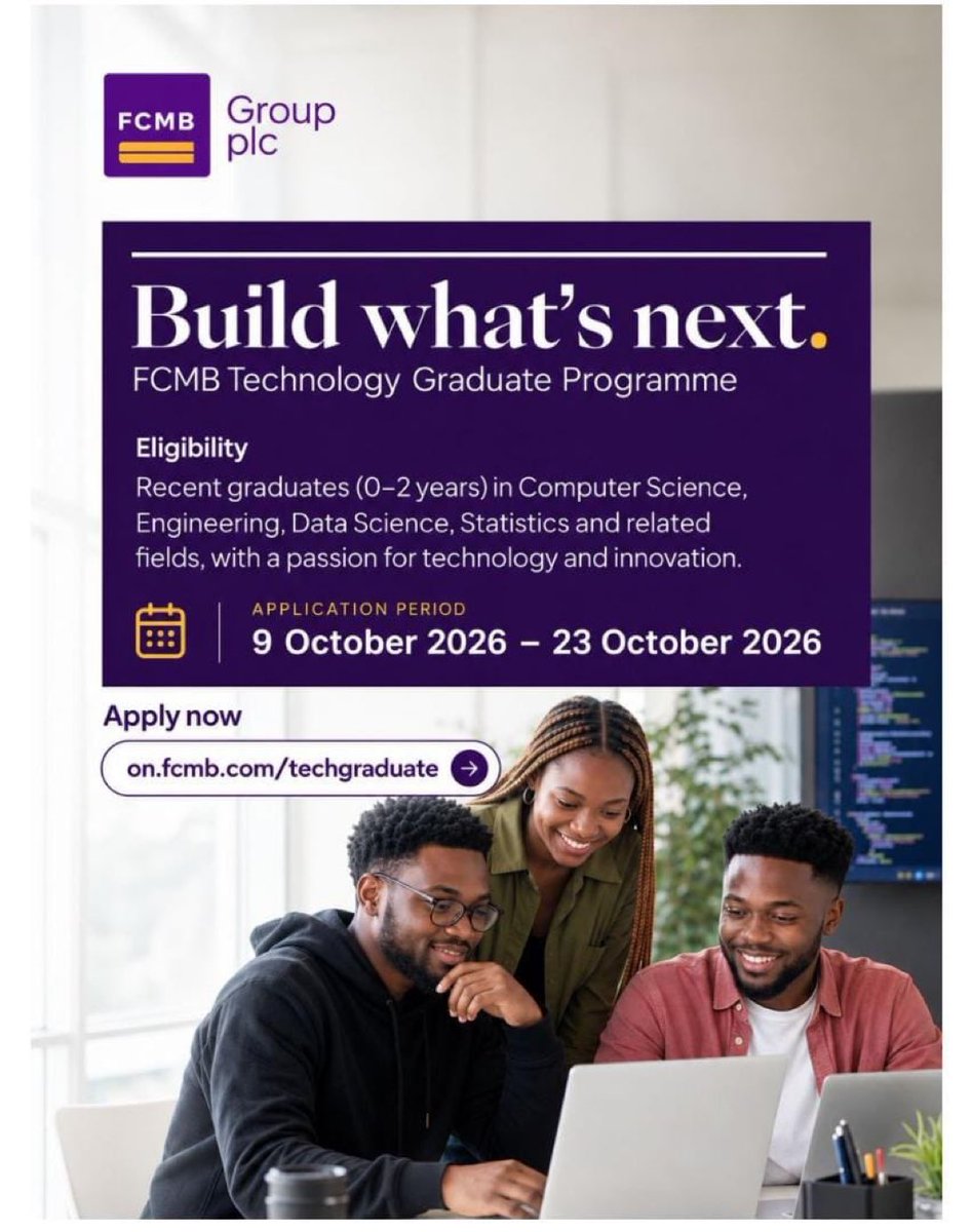 AramideOyekunle's tweet photo. FCMB Technology Graduate Trainee Program 2026 is Open! 

Apply here: https://t.co/LCBVh2KxRP https://t.co/b7sZmT5zBv