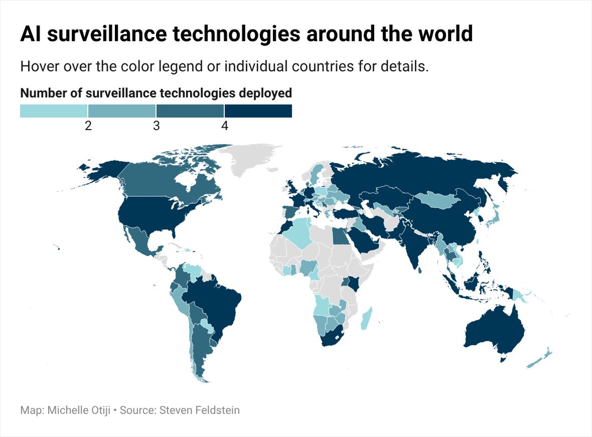 Datawrapper's tweet photo. AI might be watching you. 👁️  Where is surveillance tech most common, and what role does the state of democracy play? Our Dispatch curator Michelle charted the answers. 🤳 🚨 

Read more about it on the Datawrapper blog. 👇️ 
https://t.co/LnTfNx8xPZ https://t.co/Ol33nMuO3C