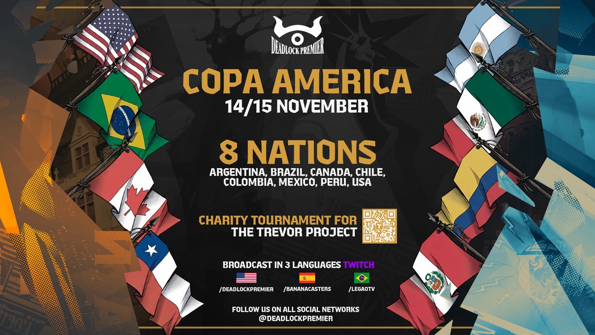 deadlockpremier's tweet photo. It's finally happening. Deadlock's first international tournament bringing together the very best players from the American continent. Tune in live on November 14th and 15th in support of the Trevor Project! DONATE: https://t.co/PbCHEldKl8 https://t.co/ibhG3rM3K7