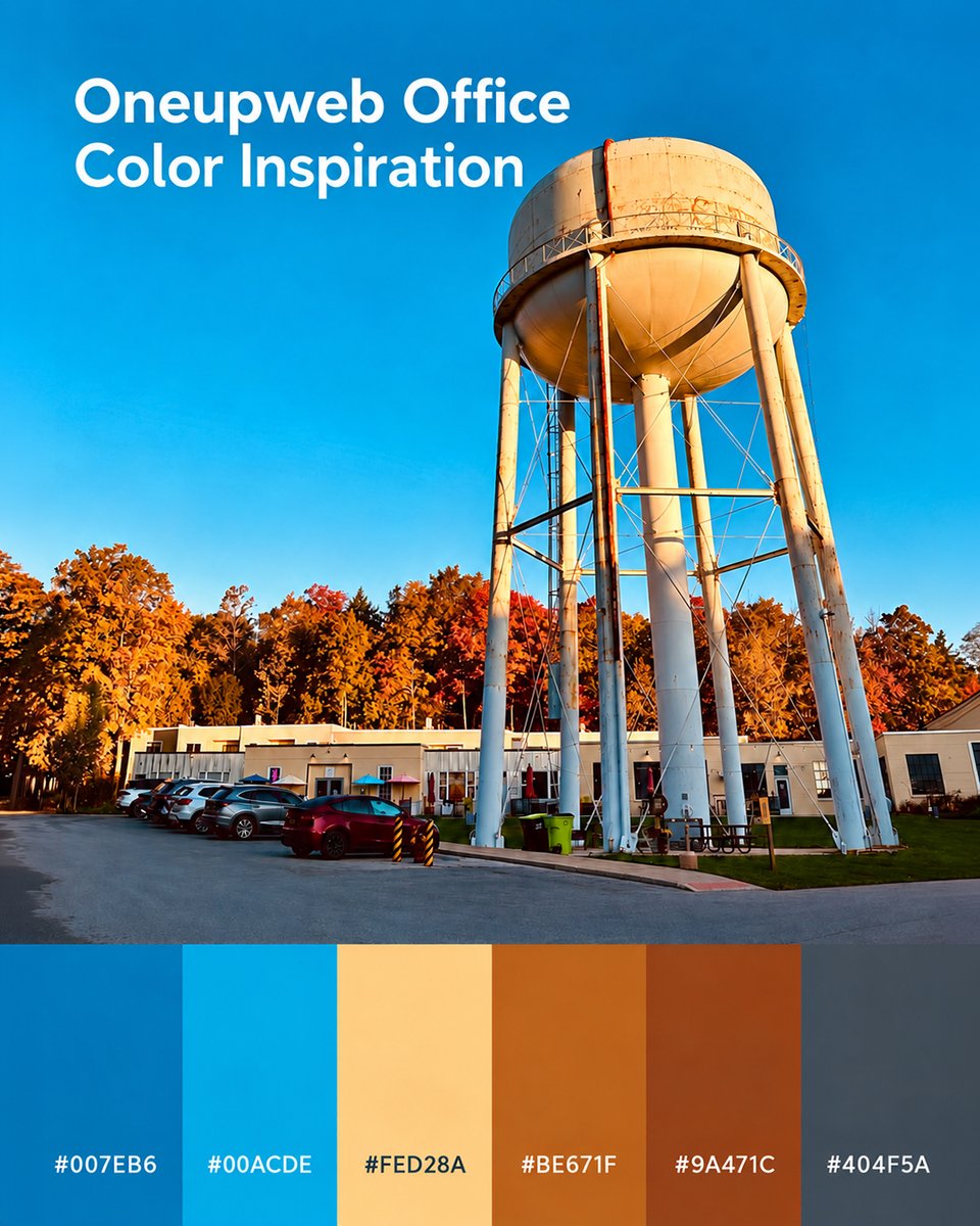 Oneupweb's tweet photo. Our office view understood the fall assignment. 🍂

Blue skies, warm autumn tones, and our favorite water tower made a pretty great color palette. A little reminder to step away from the screen and look around. Sometimes inspiration is right outside your door. https://t.co/yAuJaSpULH