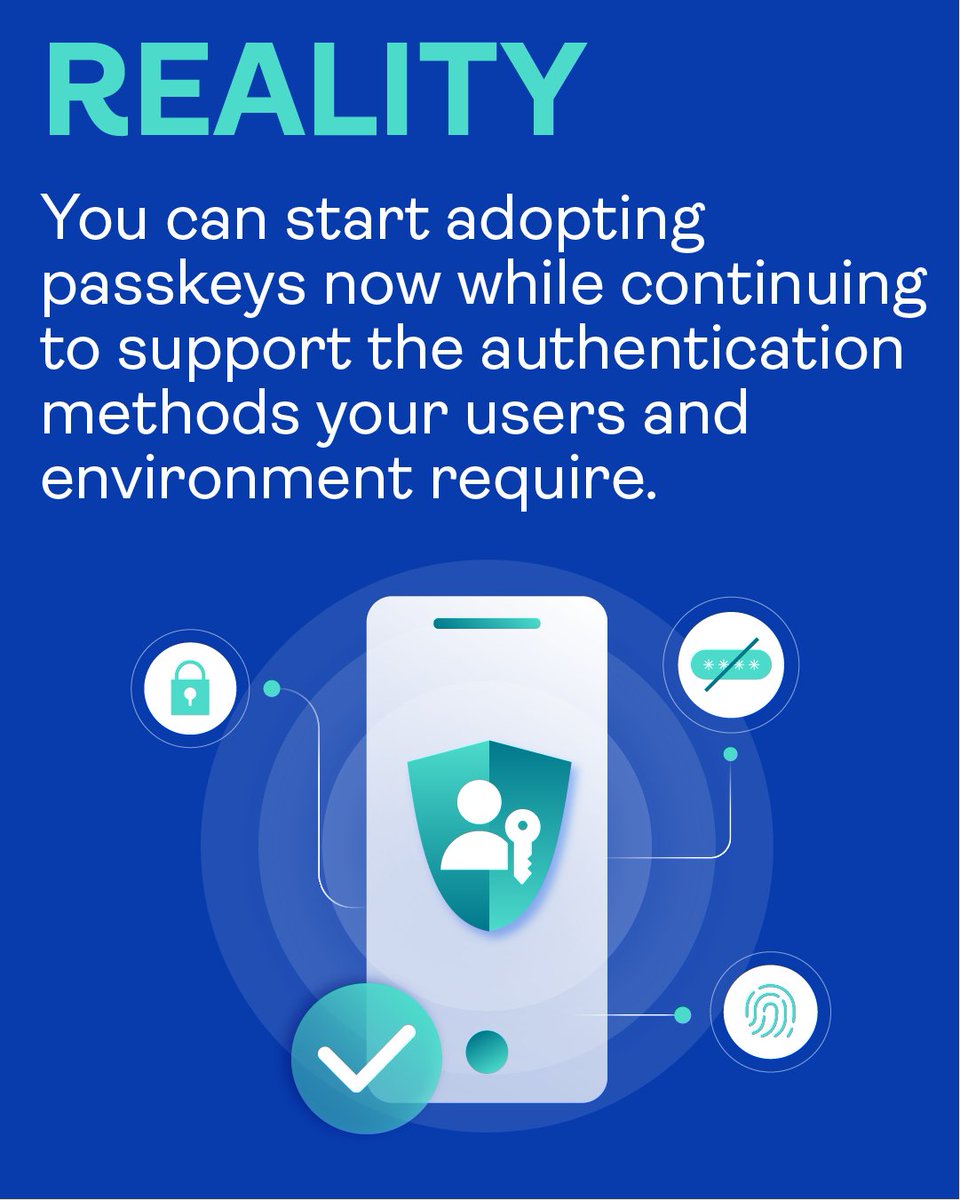 OneSpan's tweet photo. Adopting passkeys doesn't mean leaving your existing authentication methods behind.

You can start moving toward phishing-resistant authentication now while supporting different users, interactions and assurance requirements.

Learn more: https://t.co/Ll4oCuHrCa https://t.co/Fyb5LjNEwc
