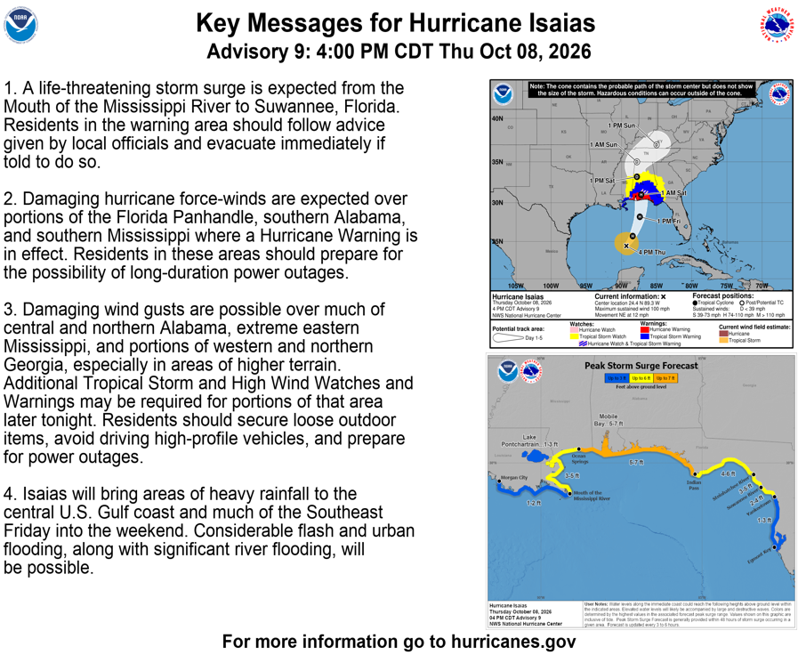 NHC_Atlantic's tweet photo. 4 PM CDT Thu Oct 8 (Advisory 9) Key Messages for Hurricane #Isaias. Latest info: https://t.co/GrztW6mQJV

4 PM CDT jueves 8 de octubre (Aviso 9) Mensajes clave sobre el huracán #Isaias. Más información: https://t.co/GrztW6mQJV https://t.co/SNwDhw3Jv1