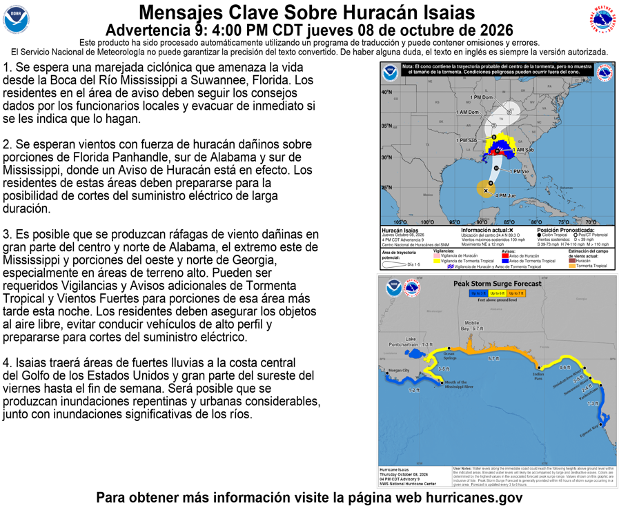 NHC_Atlantic's tweet photo. 4 PM CDT Thu Oct 8 (Advisory 9) Key Messages for Hurricane #Isaias. Latest info: https://t.co/GrztW6mQJV

4 PM CDT jueves 8 de octubre (Aviso 9) Mensajes clave sobre el huracán #Isaias. Más información: https://t.co/GrztW6mQJV https://t.co/SNwDhw3Jv1
