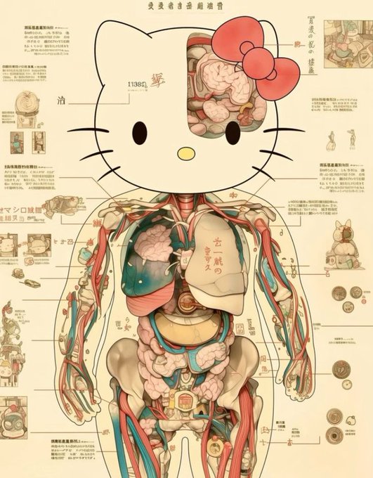 An anatomical illustration of a Hello Kitty figure, showing the external character design overlaid with detailed drawings of the human circulatory system, digestive organs, and skeletal structure, complete with Japanese annotations.