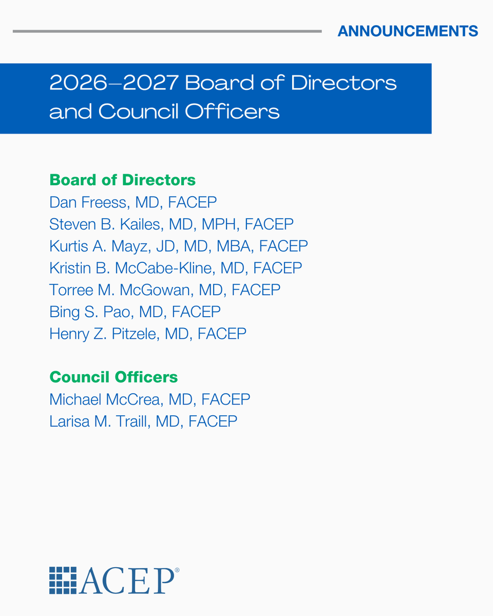 ACEPNation's tweet photo. Congratulations to ACEP's new 2026-2027 Board of Directors and Council Officers! Read the full announcement here: https://t.co/tIX3YxCVfY https://t.co/JbGzRc1nkS