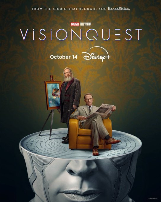 A promotional poster for the Marvel Television series 'VISIONQUEST' premiering October 14 on Disney+, featuring two men standing on top of a large robotic head, with text 'FROM THE STUDIO THAT BROUGHT YOU WandaVision'.