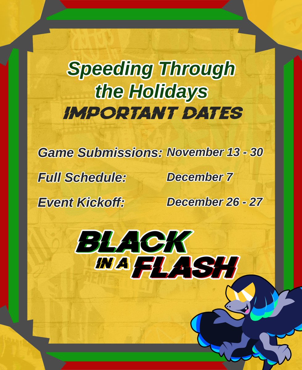 GamesDoneQuick's tweet photo. Speeding through the Holidays presented by Black in a Flash! is making it's way this December!!

Here's all the dates you need to know to be prepared  

*must be a member of the BaF Discord to submit a run

Learn more about BaF and how to join: https://t.co/IyAPd4ukye https://t.co/2wKqdWgT5m