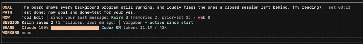 PrimeLineAI's tweet photo. i built a claude code mod that draws six rows above my prompt, and the top one shows the goal the agent says it is working toward, with the time it set it.

the agent writes a goal line and a path line at the top of every answer, and the mod just reads those two lines. when the path stops serving the goal i see the drift at a glance. the row below counts the lookups it really ran since my last message, in kairn, the open source memory i built for my agents, and on the web, taken straight from the tool calls, and a zero turns red.

kairn is here https://t.co/UEltPAltR2 and the official docs show how to draw a band like this above the prompt https://t.co/4e0Hy4lSkX