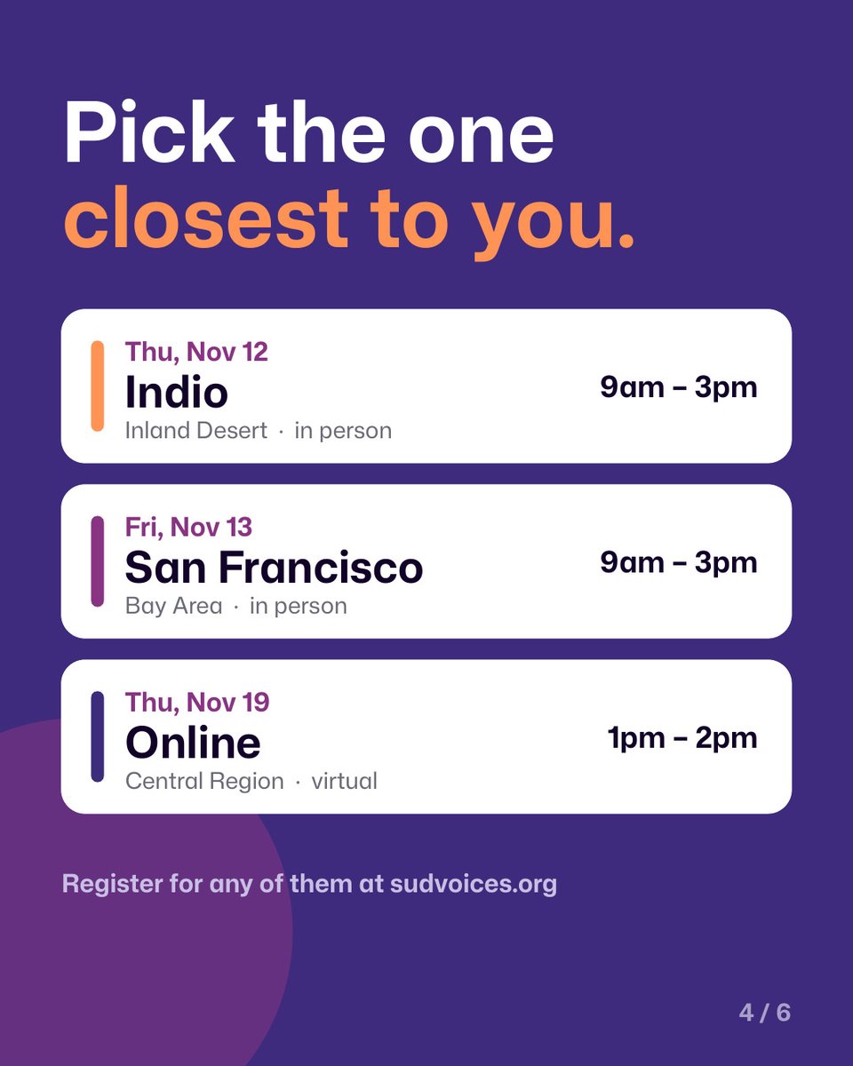 SUDVoices's tweet photo. Your experience matters. Join our Regional Town Halls this November in Indio (11/12), San Francisco (11/13), or online for the Central Region (11/19). 

Share your story and help shape SUD policy in CA. Gift cards for participants. 

Learn More &amp; Register: https://t.co/kE6dN5qwrb https://t.co/592j0f2iat