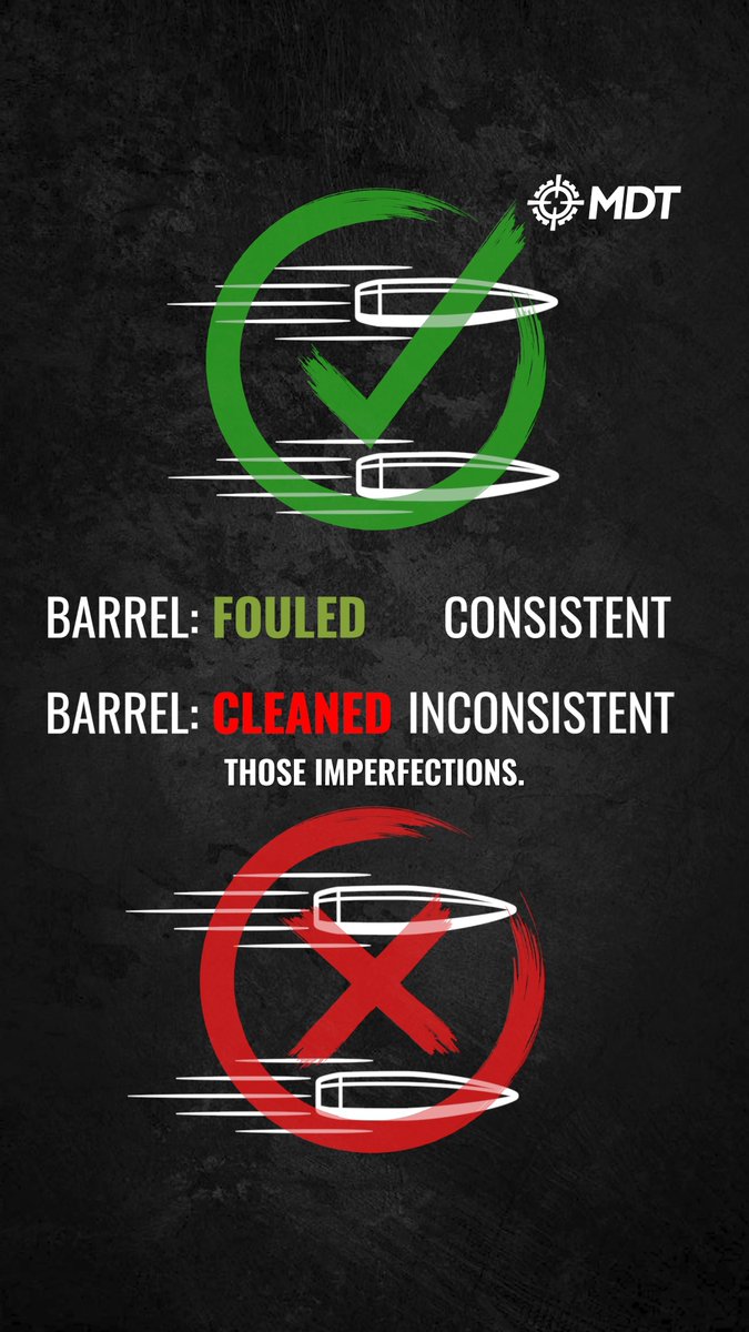 An MDT infographic stating that a fouled barrel results in consistent shots, while a cleaned barrel leads to inconsistent shots due to imperfections.