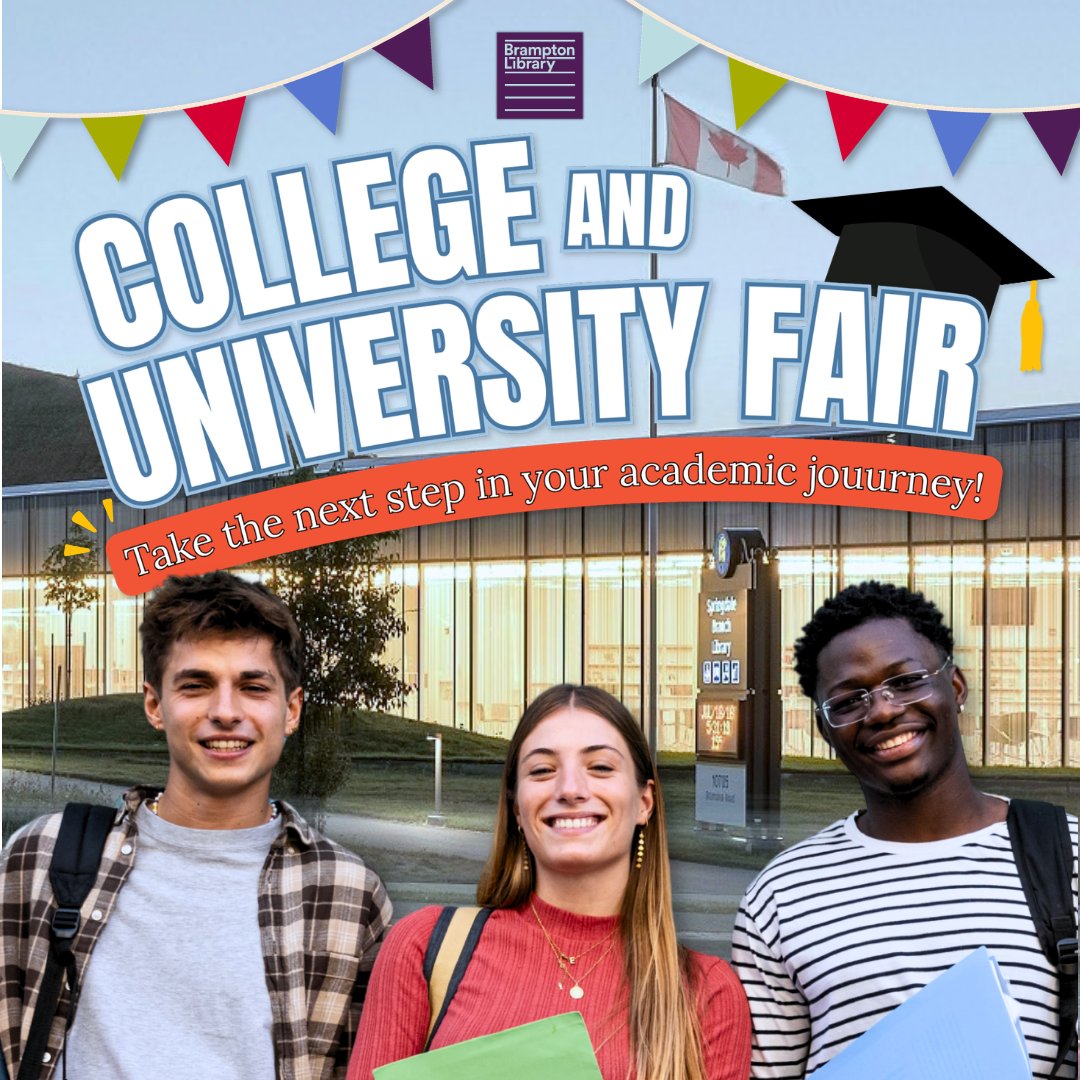 BramptonLibrary's tweet photo. Your future awaits... 🌅 Are you ready to take your next step? 🤔 Join us at our upcoming 🎓College and University Fair to connect with representatives from #colleges and #universities across Ontario!

📍Springdale Branch Library
📅October 19

🔗More info: https://t.co/EfWsTDfbT3 https://t.co/wvkWZGGzbQ