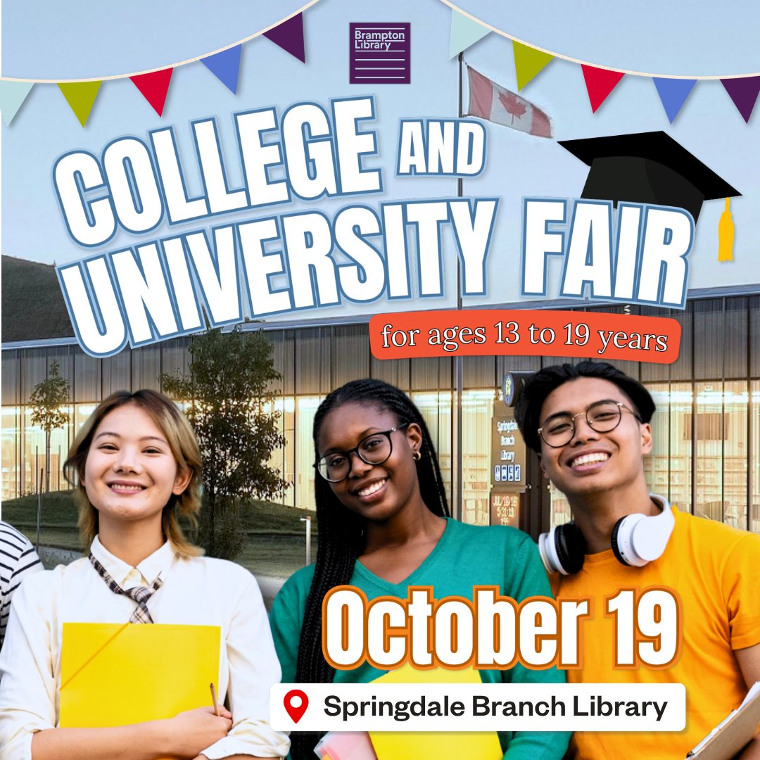 BramptonLibrary's tweet photo. Your future awaits... 🌅 Are you ready to take your next step? 🤔 Join us at our upcoming 🎓College and University Fair to connect with representatives from #colleges and #universities across Ontario!

📍Springdale Branch Library
📅October 19

🔗More info: https://t.co/EfWsTDfbT3 https://t.co/wvkWZGGzbQ