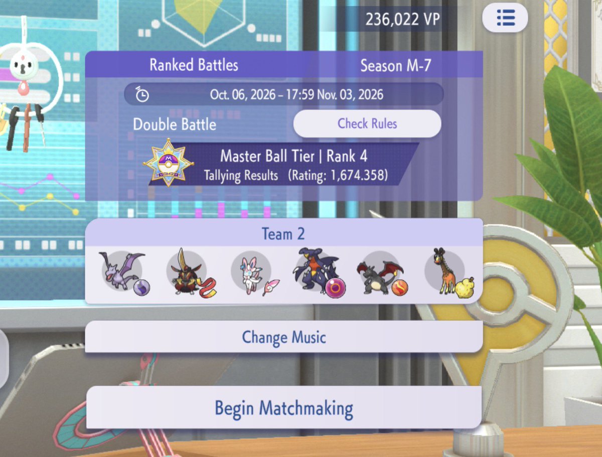 VGCJeremy's tweet photo. I’m aiming to hit 1800 before tally is done. On an 8 game win streak so far since hitting M4. 

I’ve seen a lot of people talk about M3 being not great? Idk I just know I’m getting better so that’s all that matters. I’m still taking notes about each game and tracking W/L https://t.co/j0fxw327os