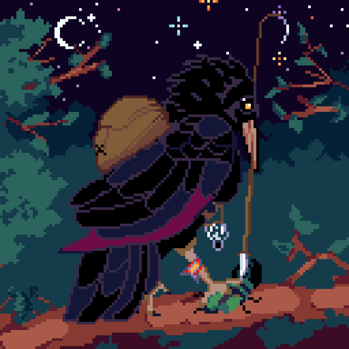 Pixel art depicting a hooded figure carrying a sack and a staff, standing on a tree branch under a starry night sky with a crescent moon.