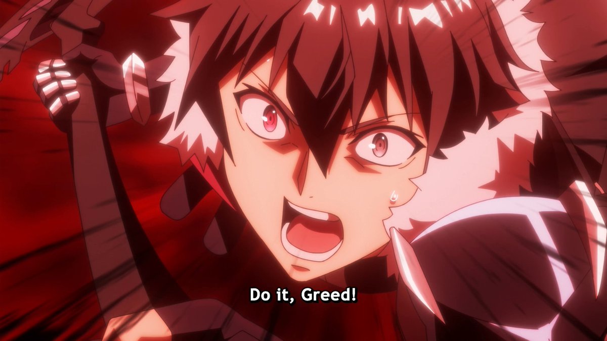 An anime character with dark hair and red eyes shouts intensely with a clenched fist raised, surrounded by red speed lines. The subtitle reads "Do it, Greed!" — a dramatic scene from the upcoming Berserk of Gluttony Season 2, where the protagonist Fate commands his companion Greed.