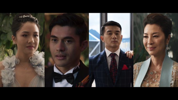 Four actors from the 2018 film "Crazy Rich Asians" are shown in glamorous formal attire, representing the original cast members whose involvement is central to the story about the franchise's sequel negotiations.