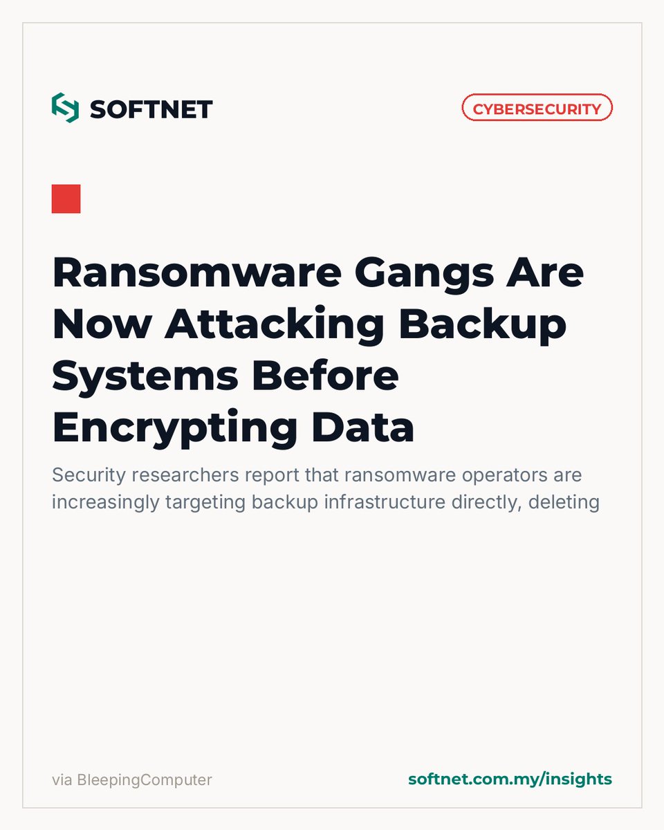 softnet's tweet photo. 🚨 CYBER: Ransomware Gangs Are Now Attacking Backup Systems Before Encrypting Data

https://t.co/PfeFERuYvW
#Cybersecurity #InfoSec #Ransomware https://t.co/YiGBeJVUYV