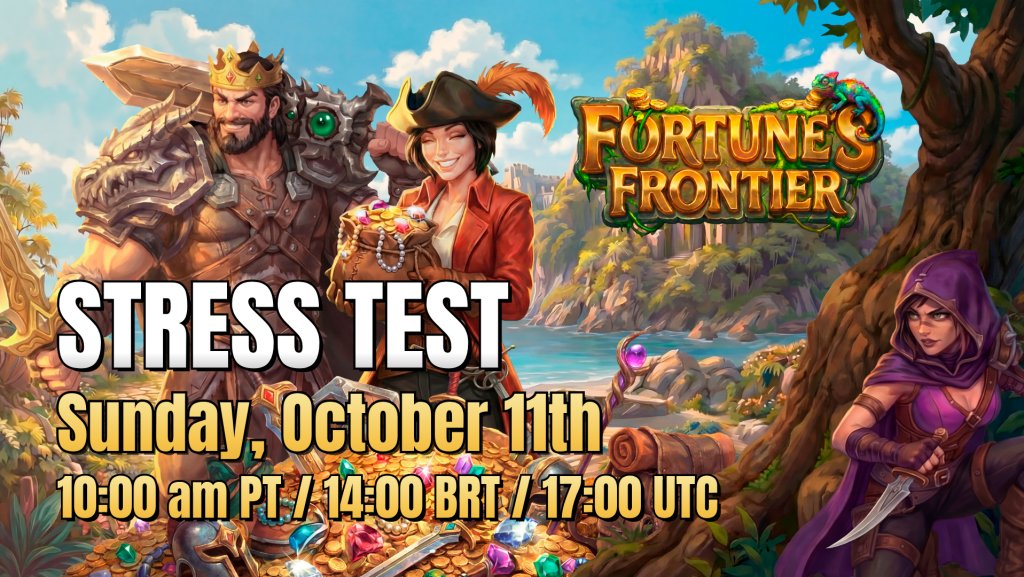 RavenQuestGame's tweet photo. Fortune’s Frontier Public Stress Test - This Sunday!

Adventurers, we are almost there! 

The Fortune’s Frontier Public Stress Test kicks off this Sunday, October 11, 2026 at 10:00 AM PT.

This is your first chance to jump into the Frontier before Season 0 launches October 16th!

The goal of the Stress Test is simple: We want as many Adventurers as possible filling the islands and putting the new Map Sharding & Channel Scalability systems under real player load.

How to Get Ready:

Make sure you read our the DevBlog, linked below, so you know exactly what to expect and how to get ready! 👇

In the DevBlog, we've included the PTR Launcher download, instructions on how to join, what we are testing, and what to expect from the build. 

A few important things before Sunday:

🔸You can download and install the PTR Launcher ahead of time, but please note that a new update may be pushed and necessary to install before the test tarts.

🔸You will be able to log into the PTR using your existing RavenQuest / Fortune’s Frontier account.

🔸If you don’t have an account yet, we strongly recommend creating one before Saturday night. The PTR will use an account backup taken Sunday morning, so accounts created afterward may not be available for the Stress Test.

🔸This is a beta build, so expect bugs, unfinished balance, and some rough edges.

Bring your friends. Fill the islands. Break what you can.

Every Adventurer who joins gives us more data to work with before Fortune’s Frontier launches October 16th.  

PLUS - Knighter will be giving away rewards to adventurers particataping in the stress test!

See you on the Frontier this Sunday!