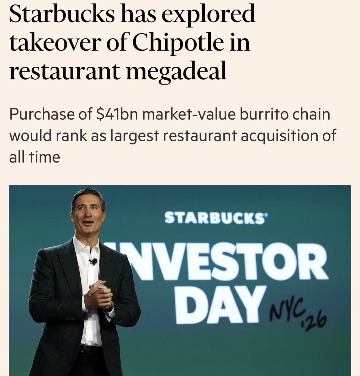 sammy_invests's tweet photo. $SBUX $CMG
Should Starbucks really be spending tens of billions acquiring Chipotle when its own turnaround is still unfinished?

Brian Niccol left Chipotle to fix Starbucks. Now there are reports he could end up buying his former company.

I can see the potential in combining Starbucks’ global reach with Chipotle’s brand, but that’s a massive financial commitment when Starbucks still has plenty to fix.
