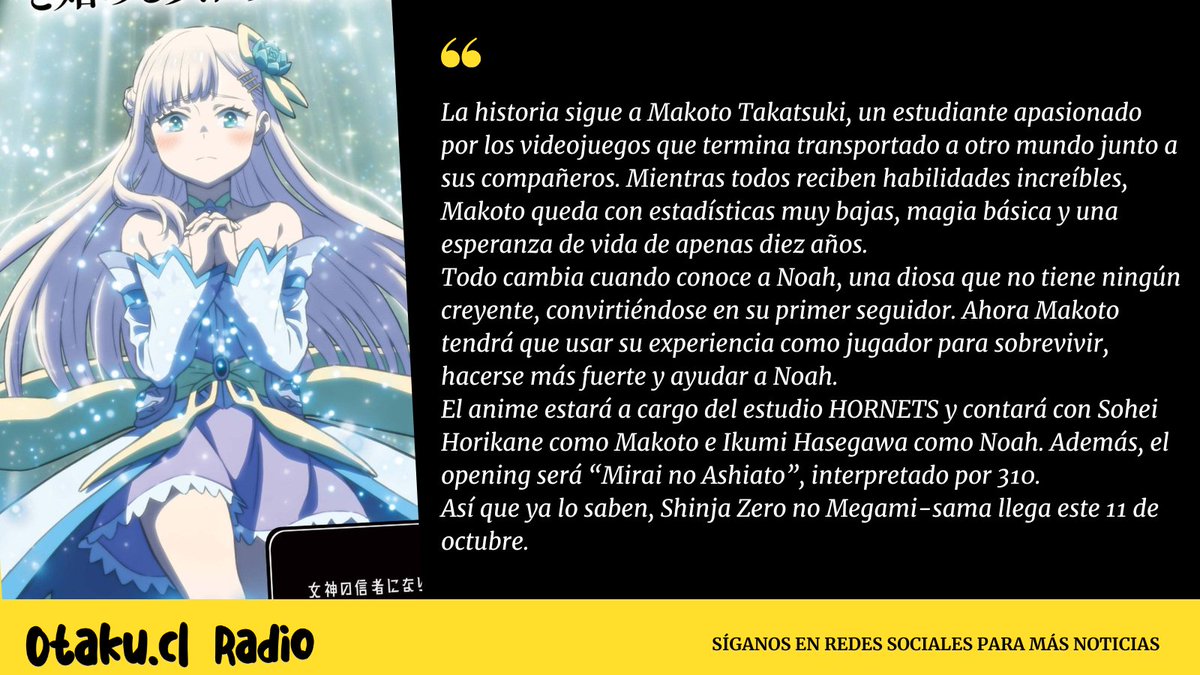 OtakuCLRADIO's tweet photo. Shinja Zero no Megami-sama to Hajimeru Isekai Kouryaku tendrá anime

Recuerda sintonizar nuestra radio:  https://t.co/1PpCk66gAo

#ShinjaZeronoMegamisamatoHajimeruIsekaiKouryaku #noticiasdeanime #anime2026 #anime #jpop #jrock #kpop #vocaloid #CulturaOtaku #otakucl #AnimeRadio https://t.co/QbyKxA1hSH