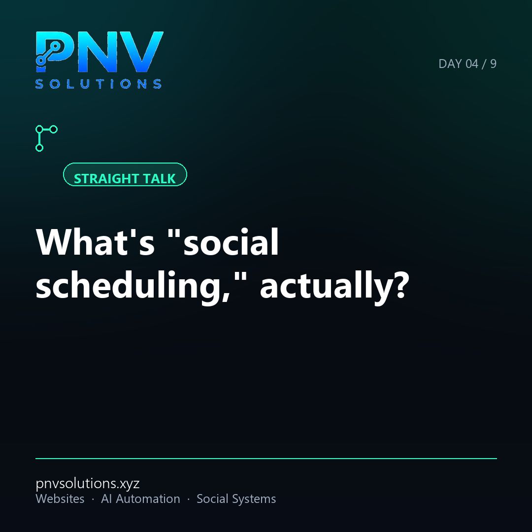 PNV_Solutions's tweet photo. What's "social scheduling," actually? No jargon: it just means your posts go out on schedule even when you're too busy to think about it. You see everything first. https://t.co/jnka57X3eP #PNVSolutions #StraightTalk https://t.co/tuElrcwZlc