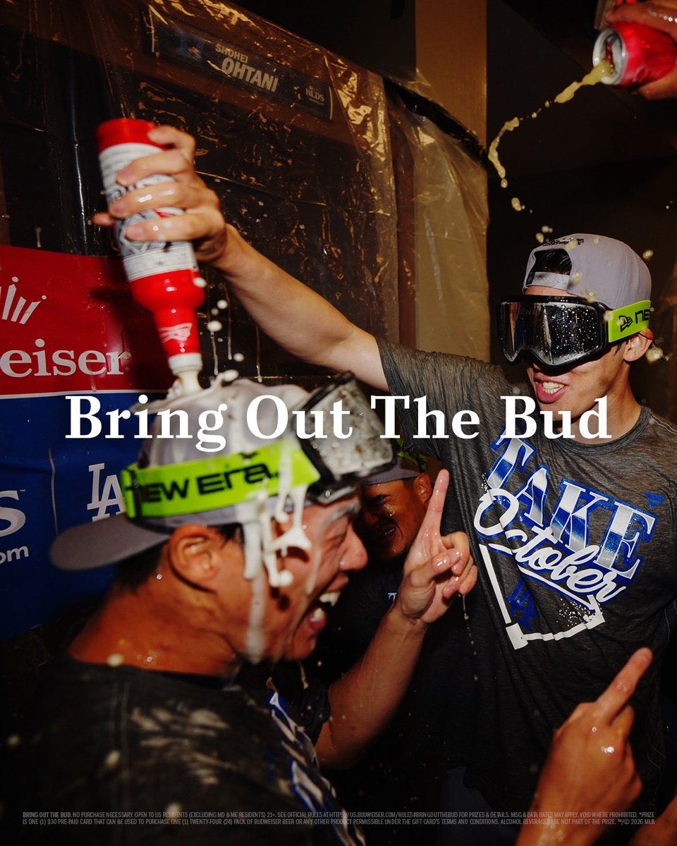 budweiserusa's tweet photo. 🍺ANOTHER YEAR, ANOTHER NLCS🍺​

The @Dodgers clinched their 3rd straight NLCS appearance last night. If you want to join them in a beer shower, use #BringOutTheBud #Sweepstakes for your chance to win a celebration's worth of beer money and join in on the fun. https://t.co/P4Z0yrqbeg