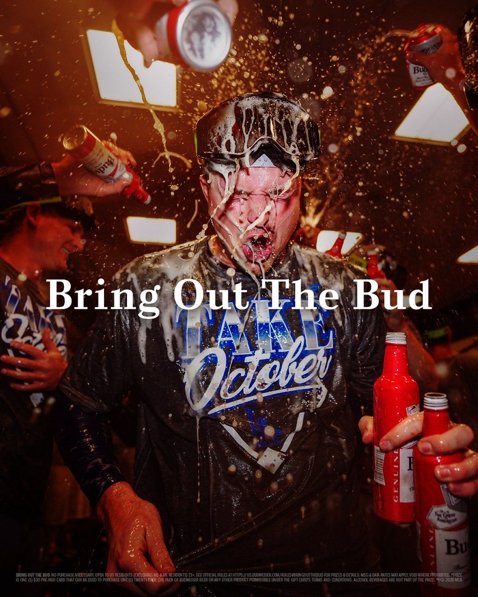 budweiserusa's tweet photo. 🍺ANOTHER YEAR, ANOTHER NLCS🍺​

The @Dodgers clinched their 3rd straight NLCS appearance last night. If you want to join them in a beer shower, use #BringOutTheBud #Sweepstakes for your chance to win a celebration's worth of beer money and join in on the fun. https://t.co/P4Z0yrqbeg
