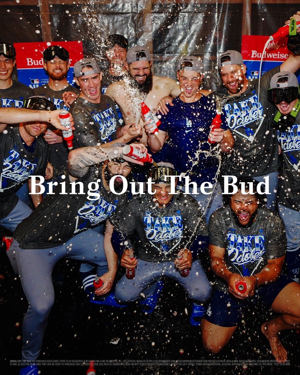 budweiserusa's tweet photo. 🍺ANOTHER YEAR, ANOTHER NLCS🍺​

The @Dodgers clinched their 3rd straight NLCS appearance last night. If you want to join them in a beer shower, use #BringOutTheBud #Sweepstakes for your chance to win a celebration's worth of beer money and join in on the fun. https://t.co/P4Z0yrqbeg