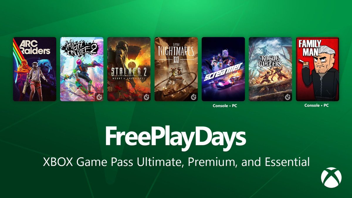 GamePassLATAM's tweet photo. 🎮 Esta semana en #FreePlayDays:

✅ Screamer y Family Man para miembros de Game Pass
✅ ARC Raiders para todos los jugadores de XBOX
⏳ Pruebas por tiempo limitado de: High On Life 2, S.T.A.L.K.E.R. 2, Little Nightmares III y Rogue Waters

¿Cuál vas a probar primero? https://t.co/fRu0Lp718c