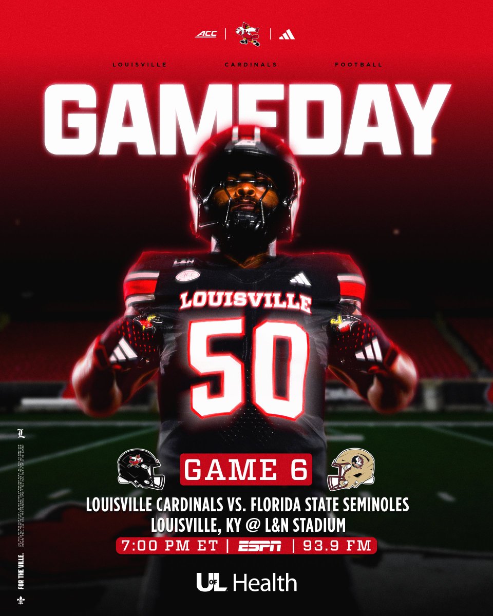 LouisvilleFB's tweet photo. Friday night under the lights.
🆚 Florida State
🕛 7pm
📺 ESPN
💻 https://t.co/dBRx9aP3zr
📻 https://t.co/Z7RA3WlXMh
#GoCards https://t.co/8A6yCLDLJa