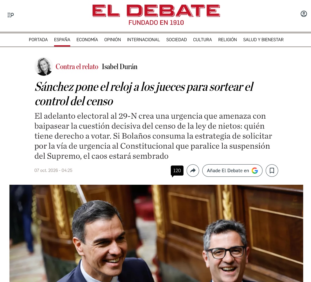 IsabelDuran_'s tweet photo. 🔴🔴🔴El Gobierno pide al Supremo que puedan votar sus electores fabricados por la ley de nietos. Ya lo adelantamos anteayer en @eldebate_com. Vean el párrafo textual de mi crónica contra el relato: 

"La Abogacía del Estado ya alegaba que no podía revisar unos 170.000 expedientes antes de 2027. Sánchez ha acortado ahora ese plazo con el adelanto electoral. La urgencia no ha caído del cielo: la ha creado quien ha decidido la fecha de las urnas".

El siguiente paso, si el Supremo decide continuar con la suspensión cautelar será el recurso al Tribunal Constitucional donde Conde Pumpido continuará manchando su toga con el polvo del camino.