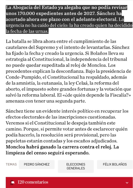 IsabelDuran_'s tweet photo. 🔴🔴🔴El Gobierno pide al Supremo que puedan votar sus electores fabricados por la ley de nietos. Ya lo adelantamos anteayer en @eldebate_com. Vean el párrafo textual de mi crónica contra el relato: 

"La Abogacía del Estado ya alegaba que no podía revisar unos 170.000 expedientes antes de 2027. Sánchez ha acortado ahora ese plazo con el adelanto electoral. La urgencia no ha caído del cielo: la ha creado quien ha decidido la fecha de las urnas".

El siguiente paso, si el Supremo decide continuar con la suspensión cautelar será el recurso al Tribunal Constitucional donde Conde Pumpido continuará manchando su toga con el polvo del camino.