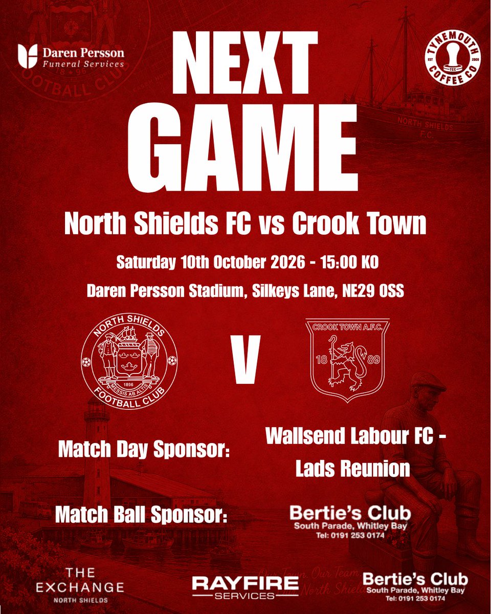NorthShieldsFC's tweet photo. π΄βͺοΈ NEXT MATCH | HOME ACTION! ποΈπ
8 wins in a row, 9 unbeaten, and back at Silkeys Lane this Saturday as Bri Smithβs Robins host Crook Town! β‘οΈ
π North Shields FC vs Crook Town
π
Saturday 10th October 2026
β° 15:00 KO
π Daren Persson Stadium (NE29 0SS) https://t.co/Xybm7FbwlI