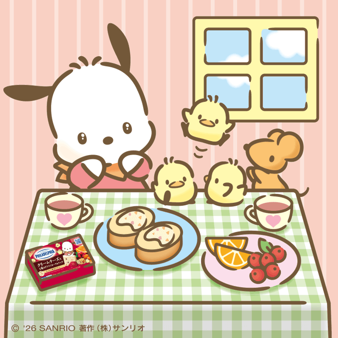 Pochacco hosts a cute tea party with chick and bear friends at a checkered table featuring heart-shaped cups, decorated pastries, and a plate of fresh fruit, accompanied by a red "POM THB" snack box. The illustration perfectly matches the post's caption about a "reward lunch party" with dried fruits and nuts, as the scene depicts a cheerful gathering centered around delicious treats. The copyright text reads "© '26 SANRIO 著作 (株) サンリオ."