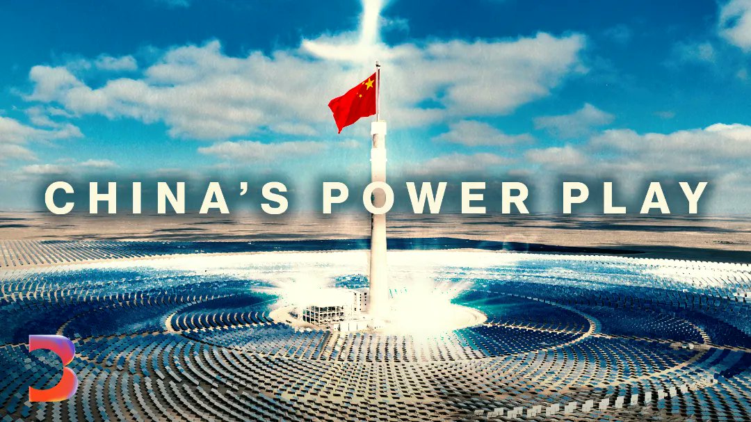 The image shows a vast solar power plant with a central tower topped by a Chinese flag, beneath the bold text "CHINA'S POWER PLAY" and a "bloomberg" (stylized "B") logo. It visually reinforces the caption's message about China's massive renewable energy expansion—depicting the scale of solar infrastructure being built to meet its net-zero goals, while hinting at the grid management challenges that come with such unprecedented capacity growth.