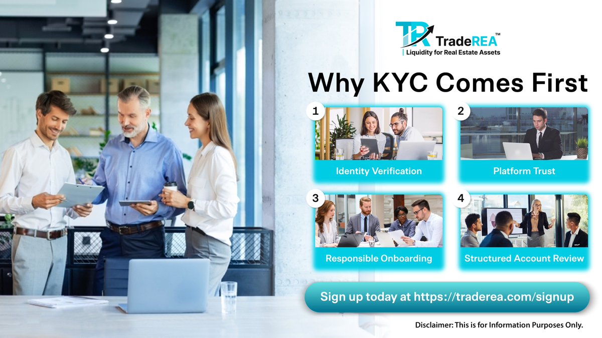 traderea_'s tweet photo. Why does KYC come first?

For digital real estate platforms, identity verification helps create a more secure, transparent, and responsible onboarding experience. TradeREA uses KYC as part of a structured account review process so users can move through the platform with clearer steps and better understanding.

Create your TradeREA account and complete the guided onboarding process.

Sign up today: https://t.co/SNUsn5cldw