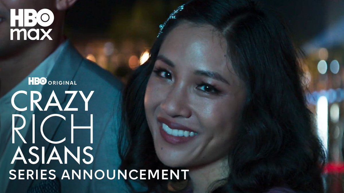 Promotional image for the HBO Original series announcement of "Crazy Rich Asians," featuring a smiling woman with a jeweled headband against a bokeh city lights backdrop, with "HBO max," "HBO ORIGINAL," "CRAZY RICH ASIANS," and "SERIES ANNOUNCEMENT" text overlaid on the left side.