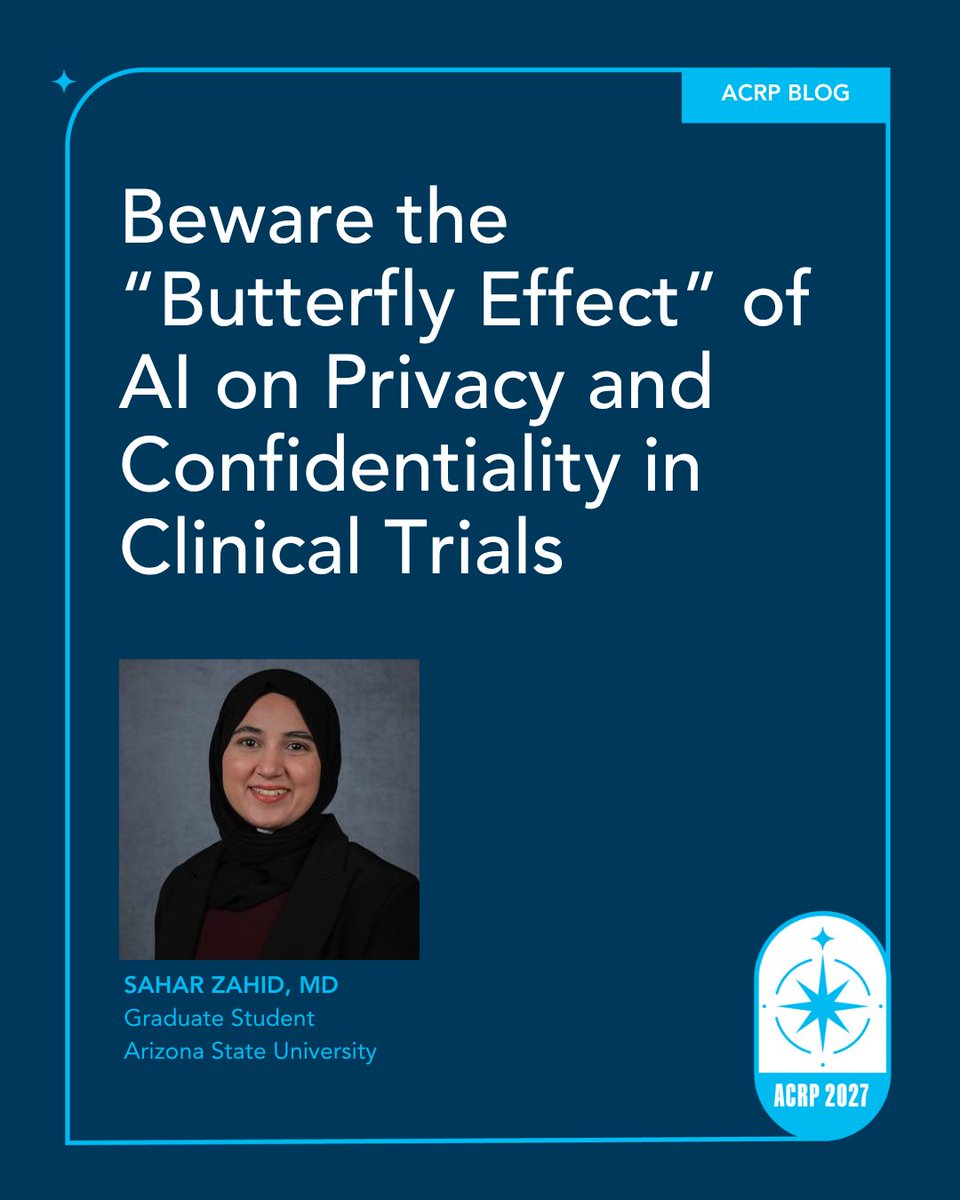 ACRPDC's tweet photo. A single copy-and-paste into an AI tool can set off consequences across a clinical trial, from privacy to data security and study integrity. In this preview of her ACRP 2027 session, Sahar Zahid, MD (@ArizonaState) explores everyday AI-use scenarios.
Read: https://t.co/SuBsQhEyqz https://t.co/0X5vjgJDm9