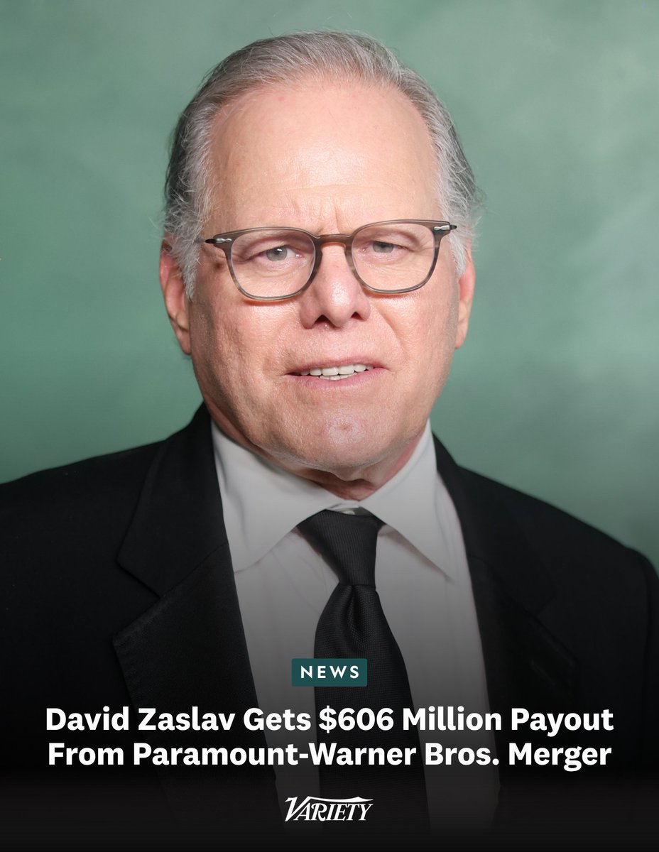 Variety's tweet photo. David Zaslav will receive a $606 million payout as he leaves Warner Bros. Discovery amid its merger with Paramount.

https://t.co/pibSiYY0Qe https://t.co/Ea0VVIibrv
