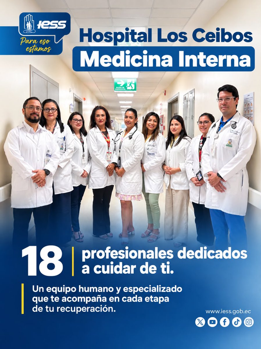 IESS_Ceibos's tweet photo. #IESSteCuida | Detrás de cada valoración, diagnóstico y tratamiento existe un equipo profundamente comprometido con la salud de nuestros pacientes. 🩺

Nuestro servicio de Medicina Interna está conformado por profesionales que aportan su experiencia y conocimiento. https://t.co/Z8Nu7zbWIZ