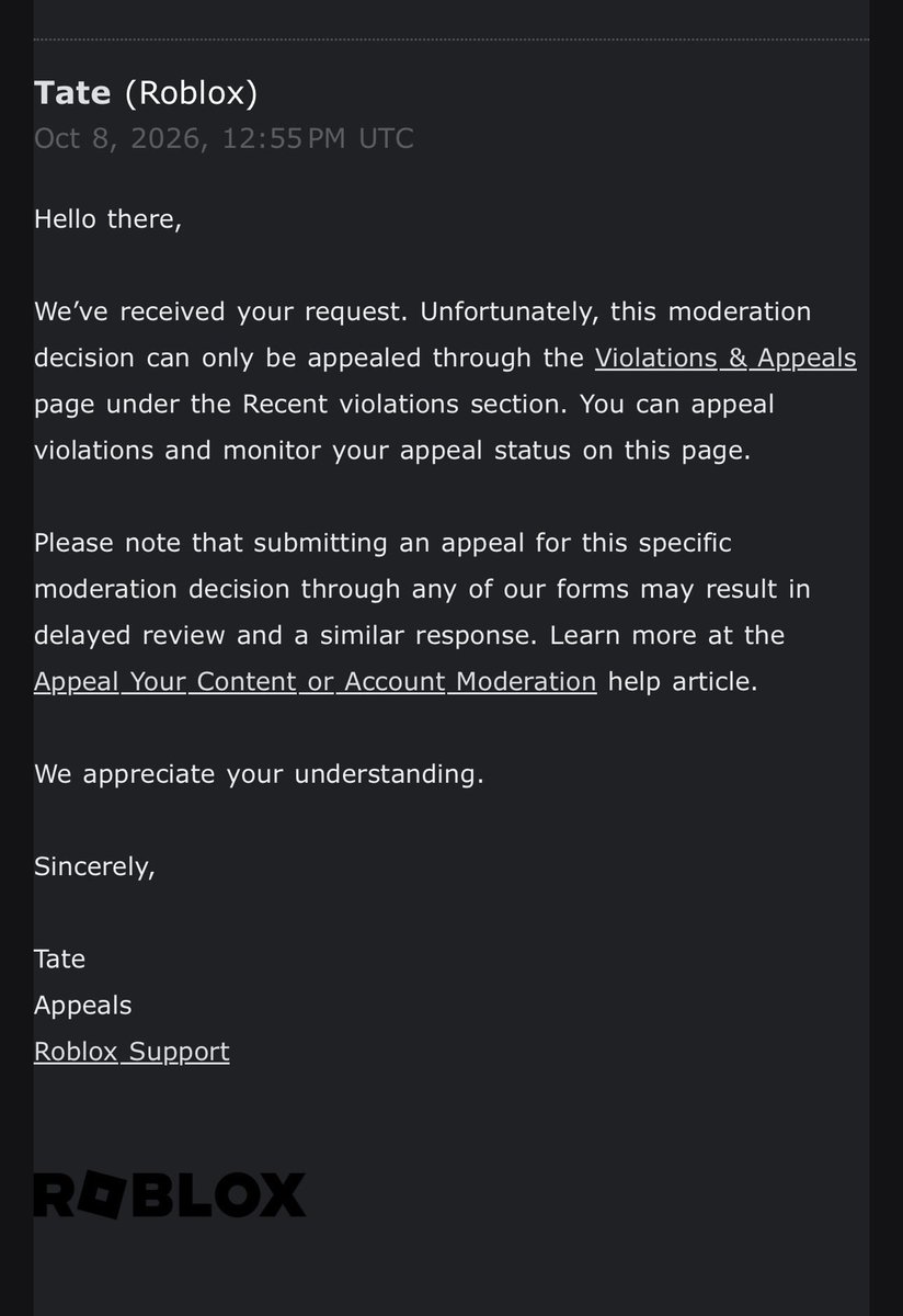 pwacifycozzyx's tweet photo. @quinceeboy @Roblox Bro they banned me for an enforcement ban and they said I got to appeal through dash board and ain’t shit to appeal so I can’t do shit to get my main account because of something someone in my house did https://t.co/NwLKAqj25D