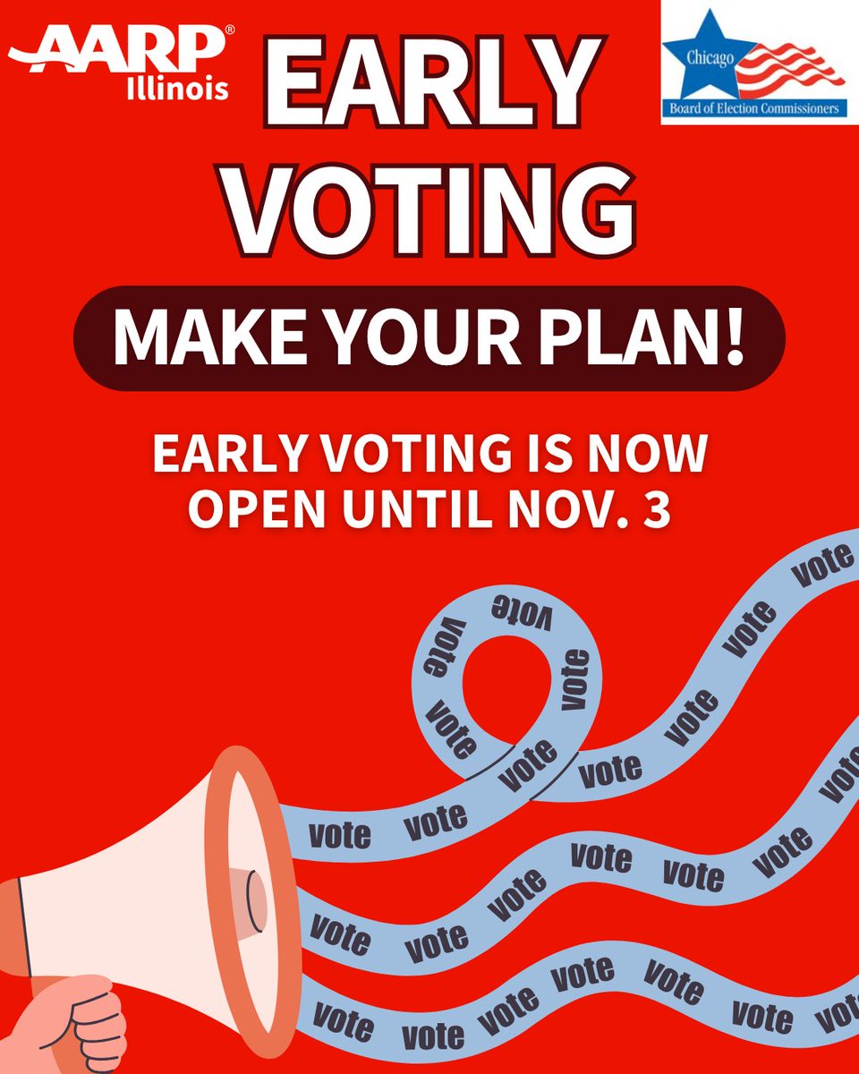 aarpillinois's tweet photo. Chicago, have you made your voting plan? 🗳️ 

Early voting is underway at select downtown locations, giving you the opportunity to cast your ballot before Election Day on Nov. 3. 

Find voting locations and hours using the @ChicagoElection!

https://t.co/3qNkX6h0Yg https://t.co/tONhaaCB03