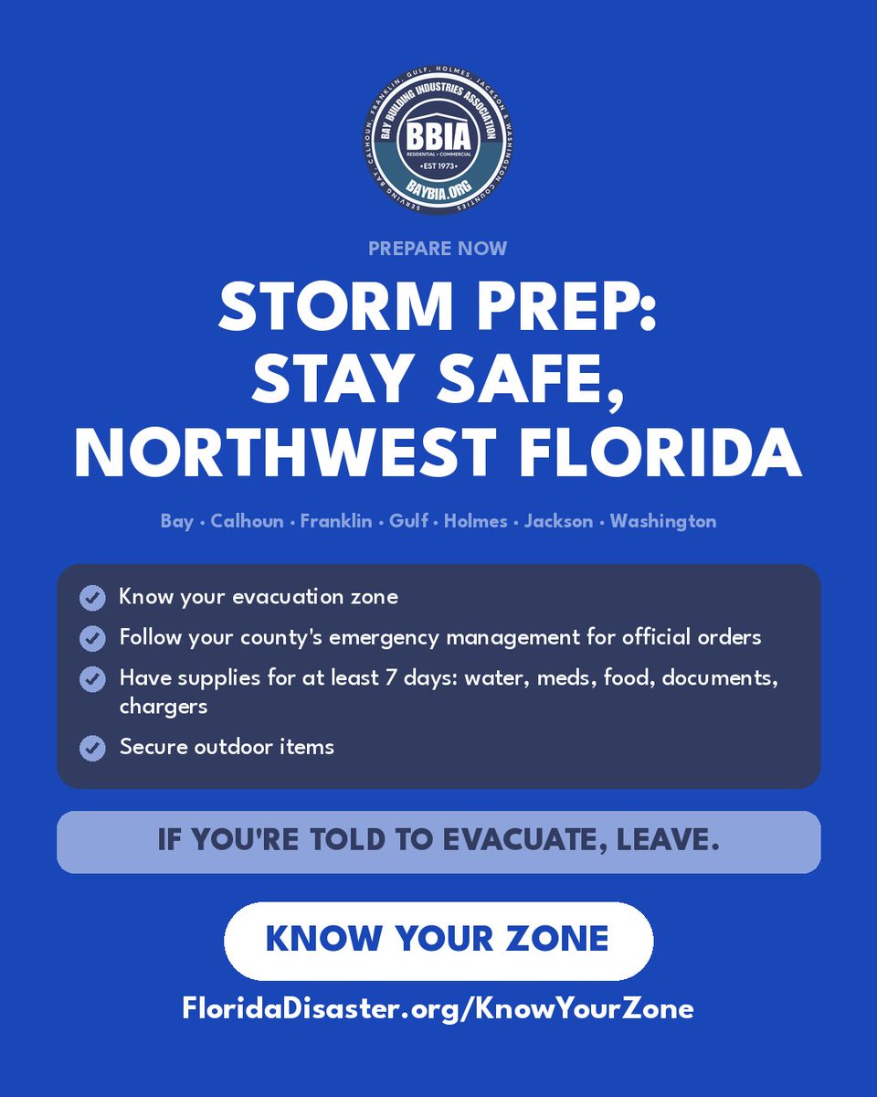 Bay_BIA's tweet photo. Hurricane Isaias: all of our 7 counties (Bay, Calhoun, Franklin, Gulf, Holmes, Jackson, Washington) are under hurricane or tropical storm warnings. Finish preparations today.

⚠️ If you're told to evacuate, leave.

Know your zone: https://t.co/2OeWmnrTTy

#HurricaneIsaias #FLwx https://t.co/55rAp0of4A