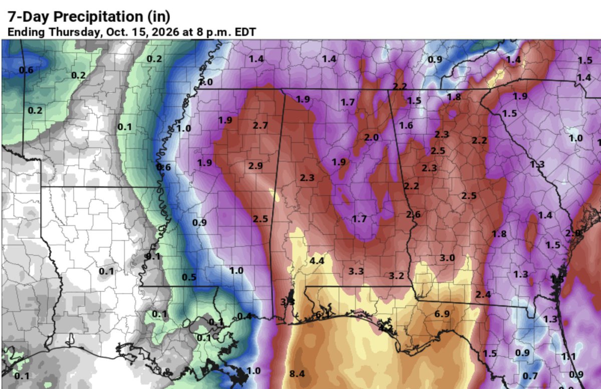 spann's tweet photo. ISAIAS UPDATE: Hurricane Isaias is now packing sustained winds of 100 mph, and it is about 355 miles south of the mouth of the Mississippi River. The system is moving to the east/northeast at 10 mph.

The forecast track was nudged eastward again... landfall is now expected to come late tomorrow night near Pensacola Beach with winds of around 90-100 mph.

Here are the key messages...

*Isaias is expected to remain a dangerous hurricane through landfall, and gusty winds are expected well inland after landfall given the anticipated expansion of the wind field and accelerating forward speed of the storm. Long-duration power outages are possible along the coast, the Florida Panhandle, and inland parts of Alabama. Wind gusts to 50 mph are possible across Alabama Saturday morning. Highest winds along the coast will come from 6:00 p.m. tomorrow through 6:00 a.m. Saturday. Highest winds for inland parts of Alabama will be generally from 3:00 a.m. until 6:00 p.m. Saturday.

*A tropical storm watch has been issued as far north as I-20, and a high wind watch is in effect for the northern third of the state. Flash flood watches also cover most of the state, and of course a hurricane warning is in effect for the Alabama coast.

*A 5-7 foot storm surge is still forecast from Ocean Springs, MS to Indian Pass, FL, including Mobile Bay. Highest surge will be east of the storm center across the Florida Panhandle coast. Surge-related flooding depends on the relative timing of the surge and the tidal cycle, and can vary greatly over short distances.

*The cities of Gulf Shores and Orange Beach are encouraging all non‑residents, and residents living in low-lying, flood prone areas to voluntarily evacuate. City officials urge all individuals who are not permanent residents to leave the area immediately and relocate to a safer location. Departing now will help reduce congestion, support emergency operations, and ensure the safety of those who may be most vulnerable during the storm.

*An evacuation order has been issued for the west end portion of Dauphin Island from Pirate’s Cove Street (the two-lane four-lane interchange) west effective at 5pm today.

*Rain amounts on the coast will be in the 5-8 inch range for most places. For inland Alabama, average amounts will be 2-3 inches, with isolated amounts to 4".

*Isolated tornadoes are possible along and east of the track. The risk Friday night is from Baldwin and Escambia counties east to Dothan in Alabama, and the western Florida Panhandle. On Saturday, a few tornadoes are possible over the eastern third of Alabama. The tornado threat over the western half of the state is very low.

*The most widespread rain will likely move out of Alabama at some point Saturday afternoon; only lingering, isolated showers around Saturday night with diminishing wind (but still breezy).

As always, remember any tropical forecast can change, so watch for updates tonight and tomorrow as Isaias approaches the coast.

Sunday looks mostly warm and dry, and all of next week looks rain-free with highs well into the 80s. See the video briefing for maps, graphics, and more details.