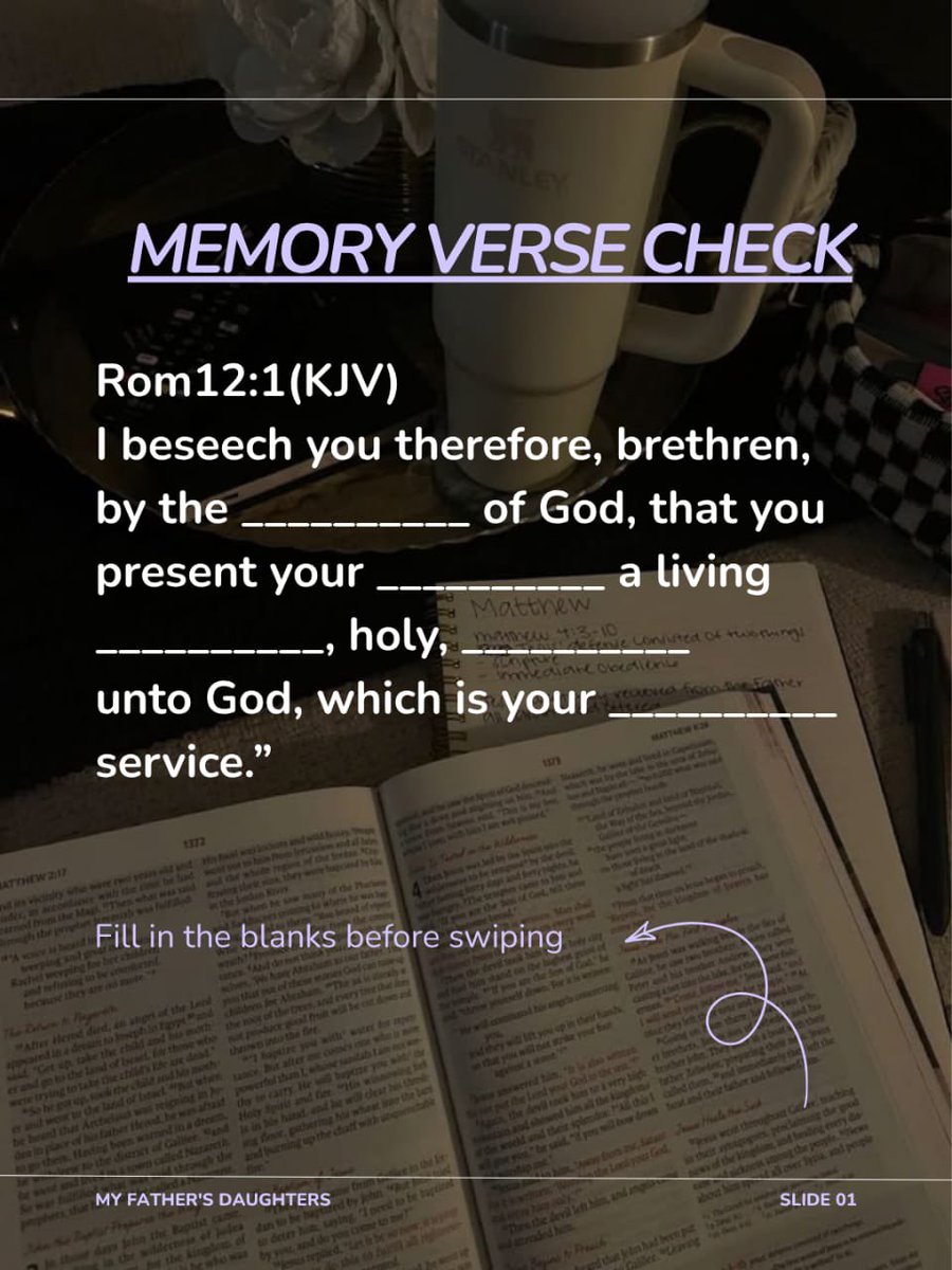 MFDaughters's tweet photo. It's another Memory Verse Thursday
How well do you know our memory verse for the month?
Do well to check your progress.
#Myfathersdaughters #Memoryversethursday https://t.co/hhgwi3Zfb0
